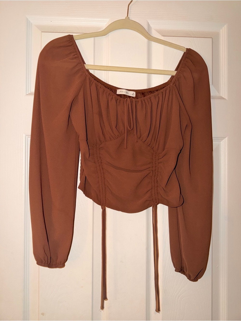 Active USA Rust Brown Peasant Crop Top with Drawstring